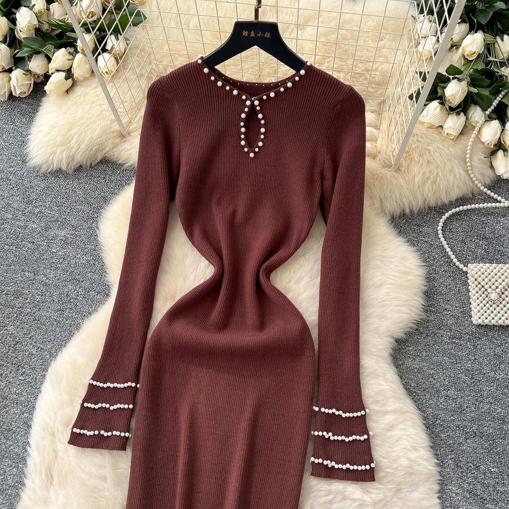 Autumn Spring Women Full Sleeve Luxury Beading Knitted Sweater Party Dress Long Midi Sheath Bodycon Pullover Dresses