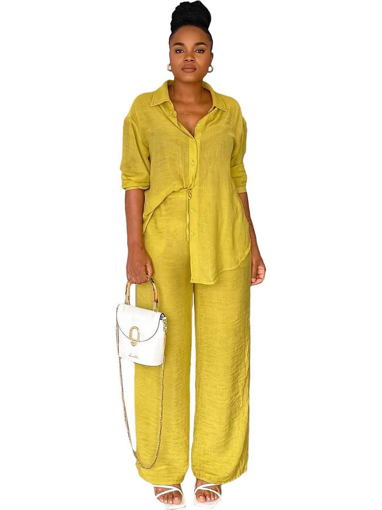 Y6020 Women's European & American Casual Two-Piece Set: Long-Sleeved Shirt & Straight Pants for Spring & Autumn 2024