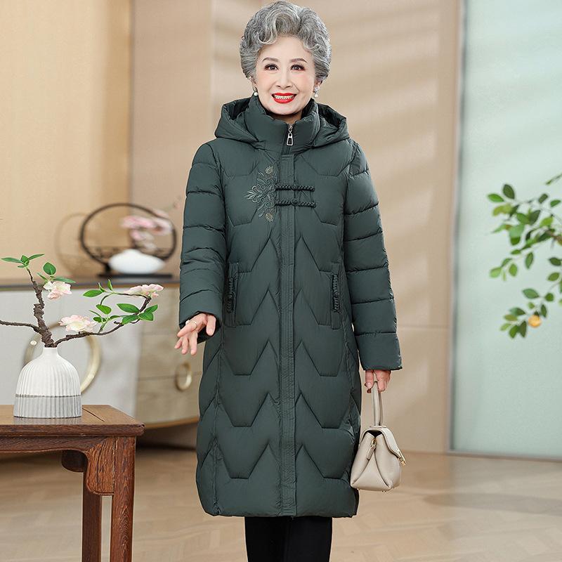 Middle-aged mother cotton clothes women's national style winter new fashion thin thickened knee long hooded cotton clothes