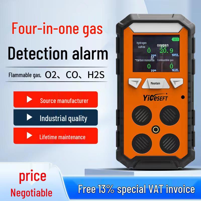 Portable 4-in-1 Gas Detector for Combustible Gas, Hydrogen Sulfide, Oxygen, and Carbon Monoxide with Alarm