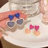 Small Fresh Candy Color Love Earrings - S925 Silver Needle, All-Match Cute Double Peach Heart Design for Women, Internet Celebrity Style.