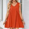 Fashion V-neck Sleeveless Summer Dress Women Loose Pleated Casual Party Short Dress Office Lady Solid Vintage Elegant Sexy Dresses 1043