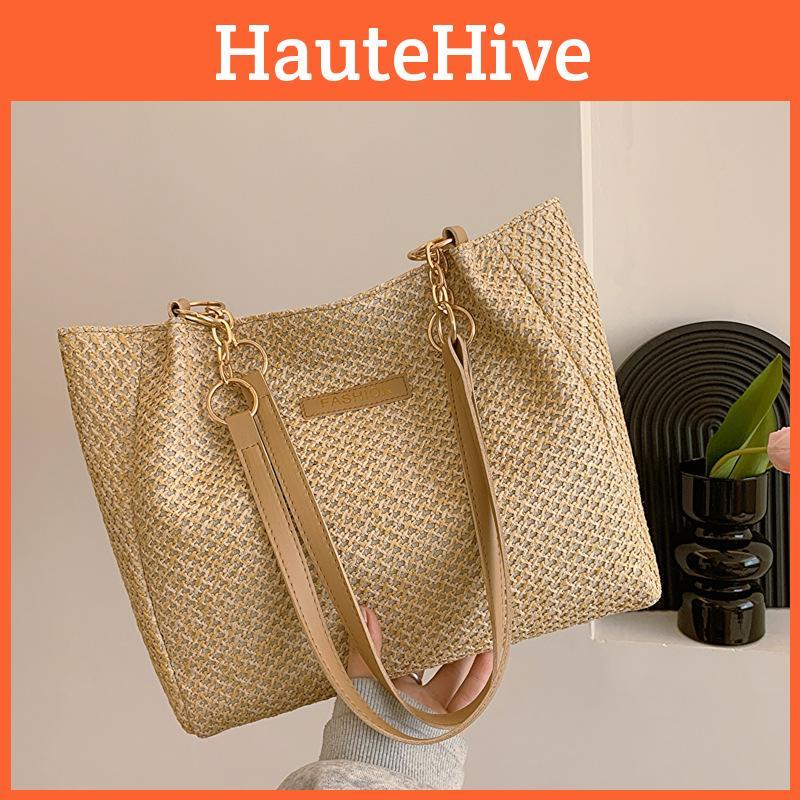Trendy Korean Simple Design Woven Tote Bag Fashionable Beige And Khaki Options