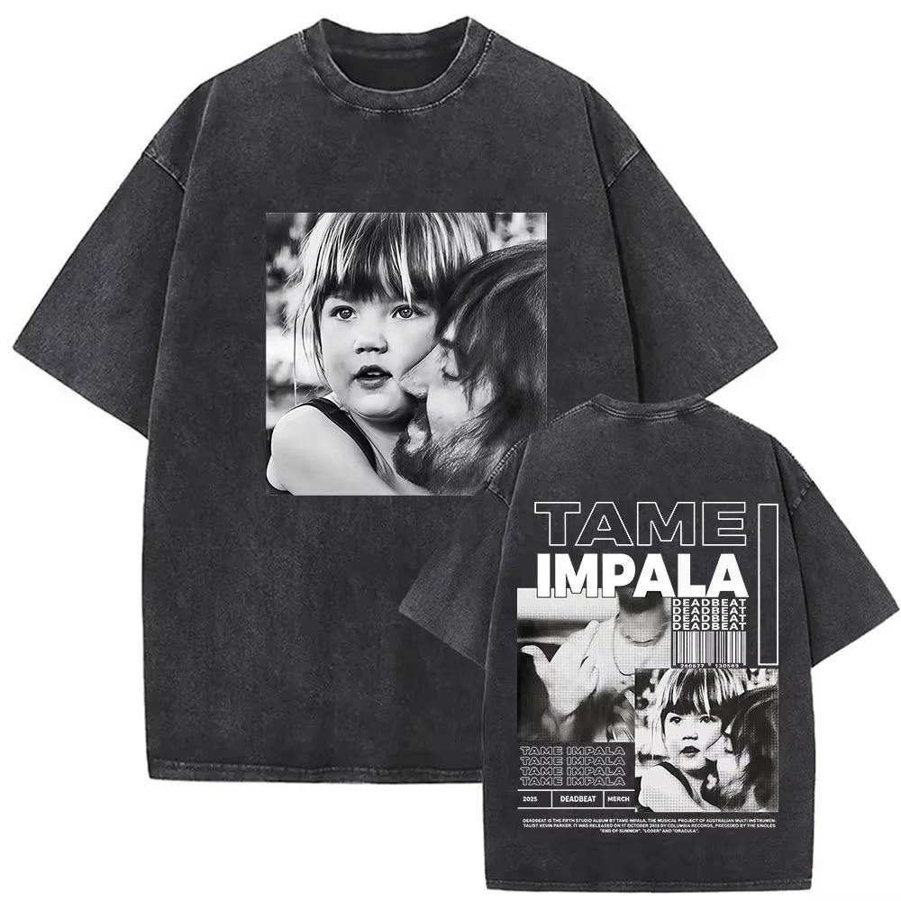 Rock Band Tame Impala Deadbeat Tour 2026 Vintage Washed T-shirt Unisex Hip Hop Gothic T Shirt Casual Oversized Short Sleeve Tees