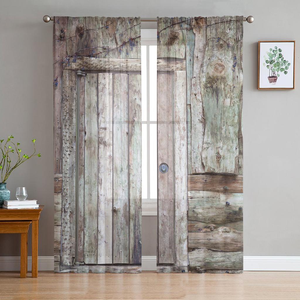 Wooden Door Stone Wall Shabby Retro Tulle Curtains for Living Room Decoration Modern Chiffon Sheer Voile Kitchen Bedroom Curtain