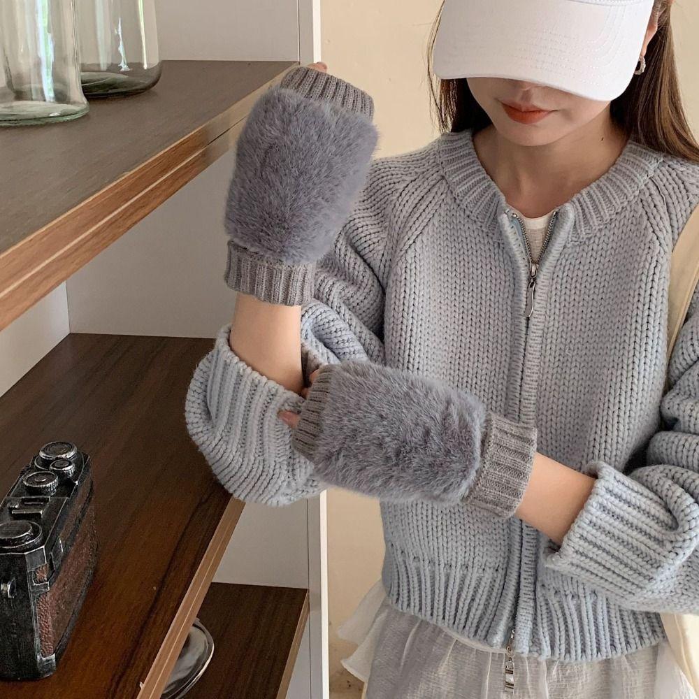 Windproof Knitted Gloves Soft Plush Gloves Vintage Half-Finger Gloves Driving