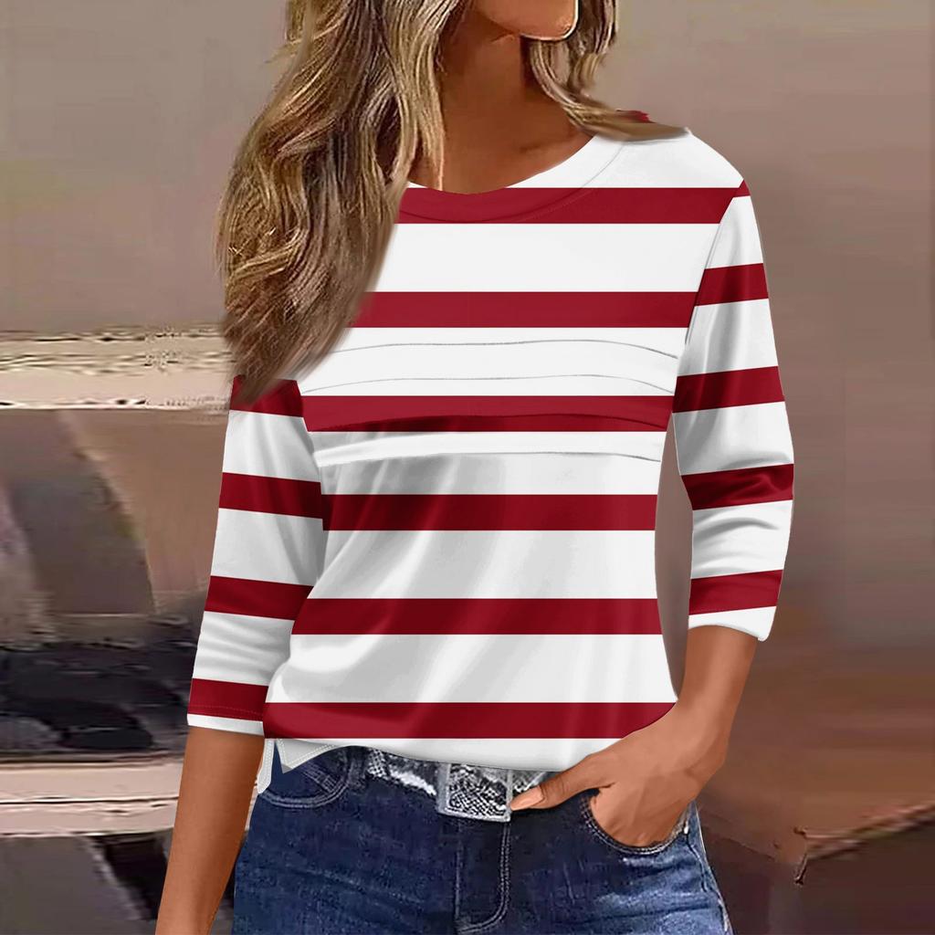 Женская мода повседневный свободный топ с рукавом 3/4 в полоску с круглым вырезом