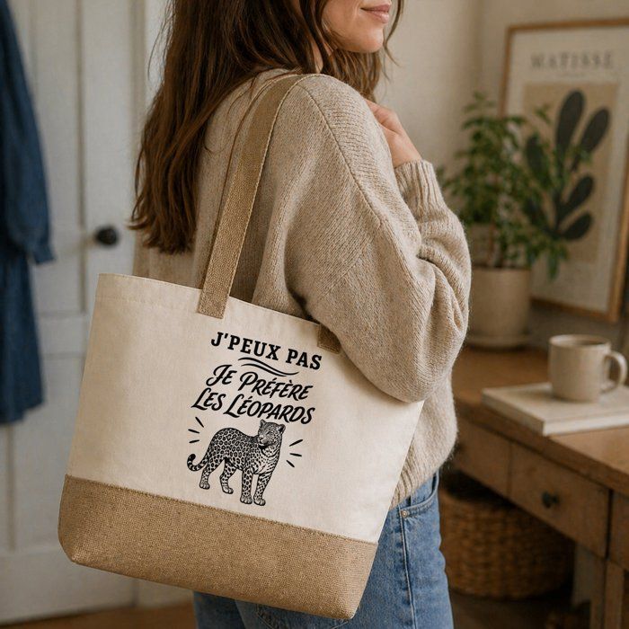Sac J’peux pas je préfère les Léopards J'peux pas minimaliste | Cabas en Coton avec Fond Jute 18 L 48 × 37 × 13 cm | Marché