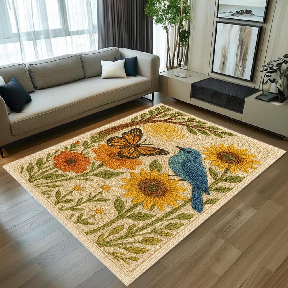 3D Embroidery Sunflower Pattern Area Rug Non-Slip Soft Durable Washable Floor Mat for Living Room Bedroom Home Decor