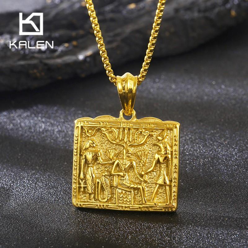 Egyptian Pattern Stainless Steel Pendant Necklace for Men Silver & Gold Color Square Charms Party Jewelry Gift Gothic Accessory