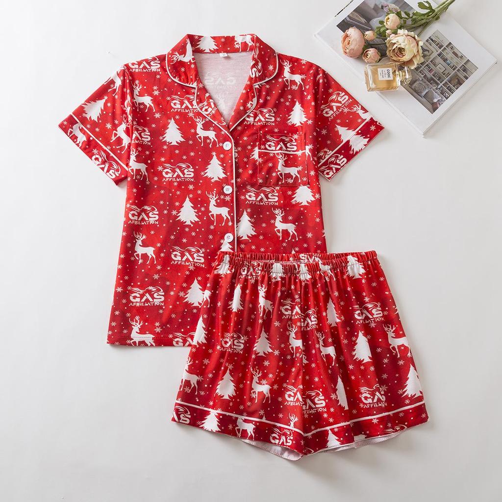 Европейский и американский рождественский принт Женский пижамный комплект - Топ с длинным рукавом и брюки, Хлопковая домашняя одежда для осени/зимы