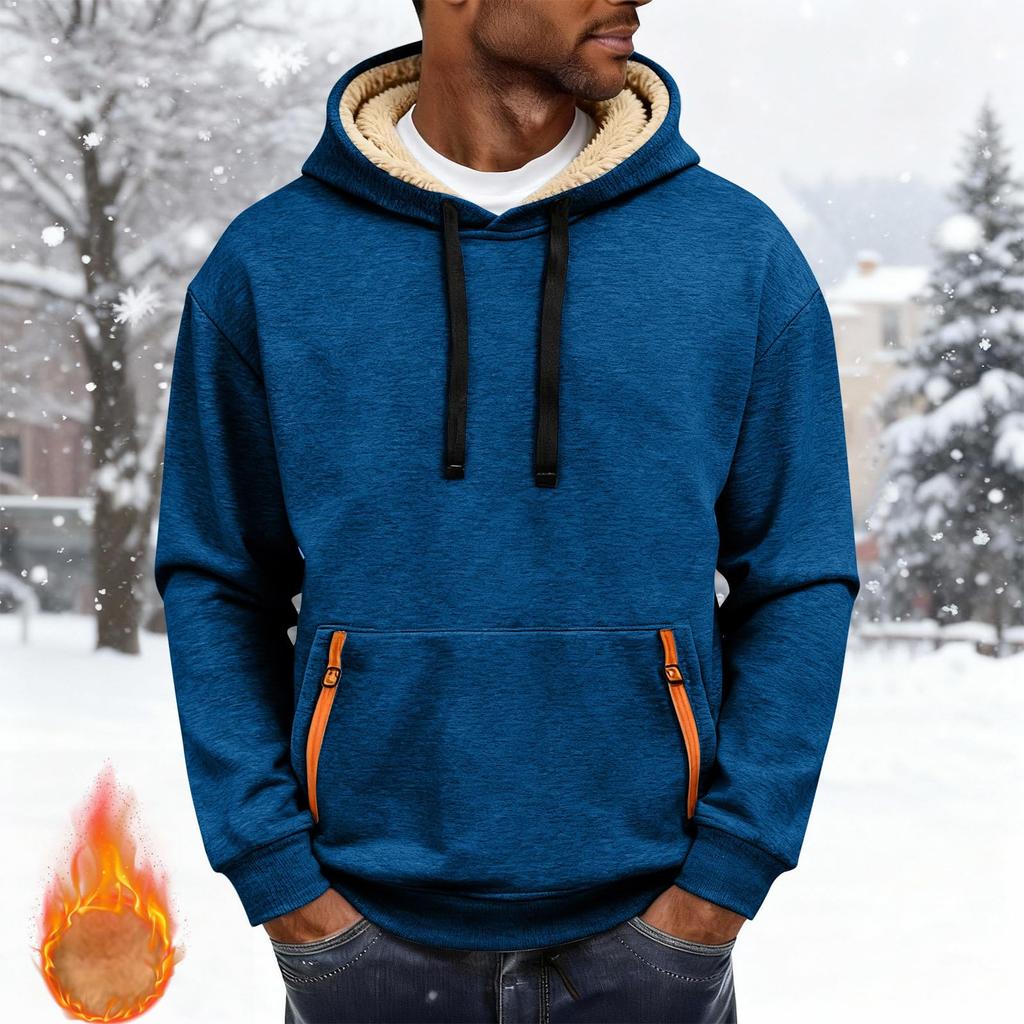 Модное мужское однотонное худи с длинным рукавом, утолщенное, на флисовой подкладке, с карманами