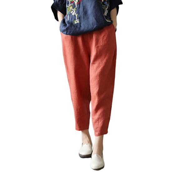 Women Harem Pants Solid Color Loose Fit Slacks with Pockets Elastic High Waist Retro Casual Trousers Streetwear