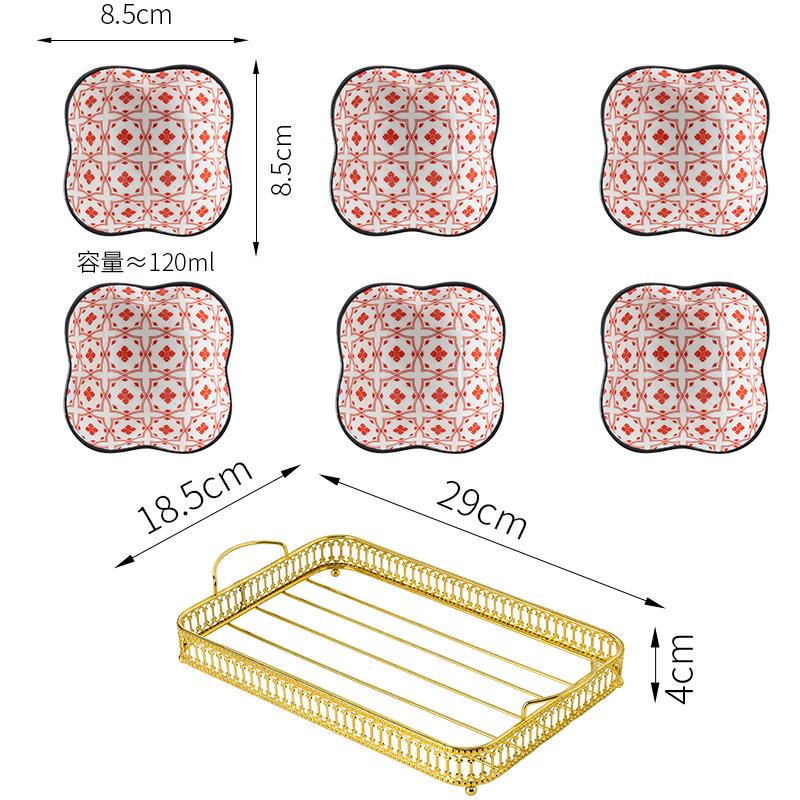 Керамическая тарелка для закусок Чаша для закусок с металлической рамкой Закуски в японском стиле Блюдо для сухофруктов с золотым основанием Тарелка для фруктов Dim Sum