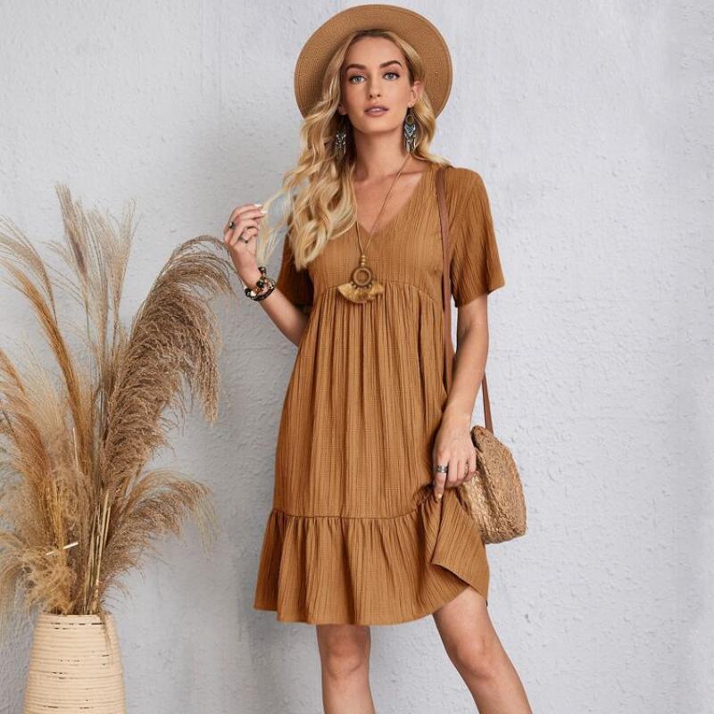 Летние свободные однотонные женские повседневные платья с коротким рукавом, модное винтажное элегантное сексуальное платье с баской, женское свободное платье с оборками на талии 25924