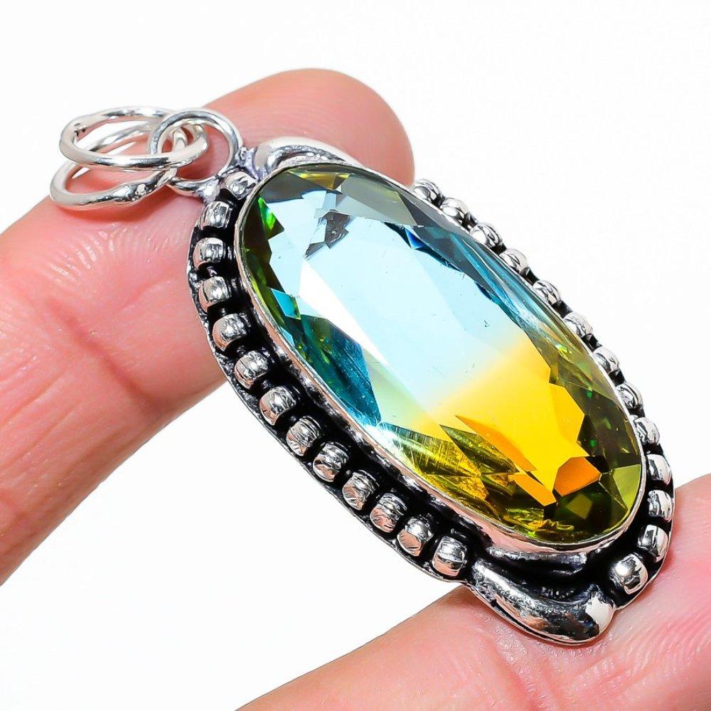 Natural Bi-Color Tourmaline Gemstone 925 Sterling Silver Pendant 2.25" Q5u10