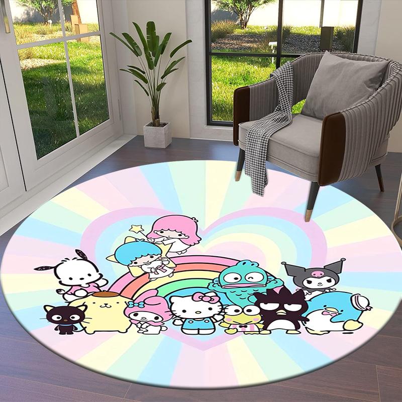 1pc Hello Kitty and Friends Rainbow Background Round carpet, Made of Polyester,Perfect for Decorating Office Chairs, Living Rooms,fplt184