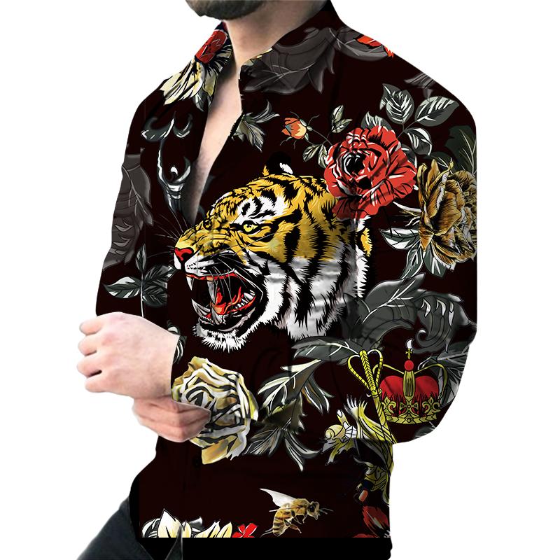 Рубашка с цветочным контрастным 3D-принтом, новая модная рубашка с длинными рукавами и лацканами в социальных тенденциях