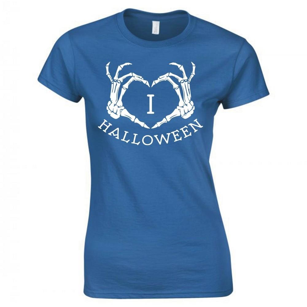 I Love Halloween Skeleton Heart Hands Ladies Skinny Fit TShirt