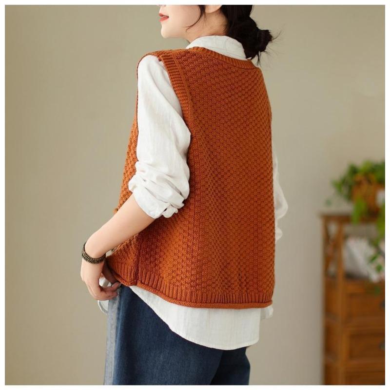 Женский вязаный жилет-кардиган из хлопка с цветочным накладным карманом, свободный и утягивающий, осенний повседневный с V-образным вырезом, без рукавов