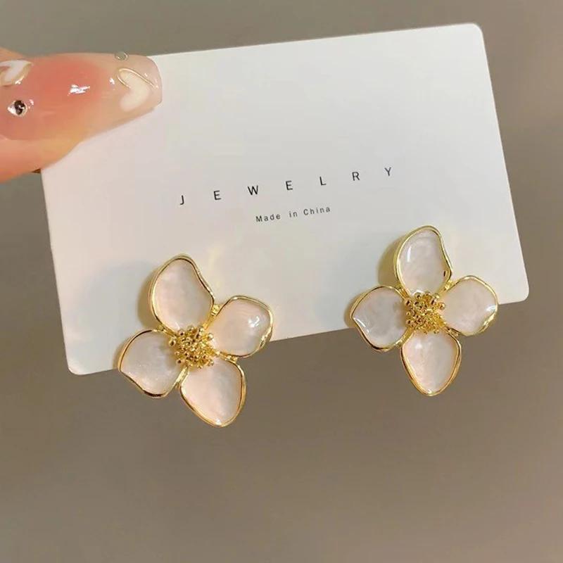 Hibiscus Dropped Glaze Flower Stud Earrings for Women Girl French Vintage Accessories Wedding Romantic Jewelry Gifts