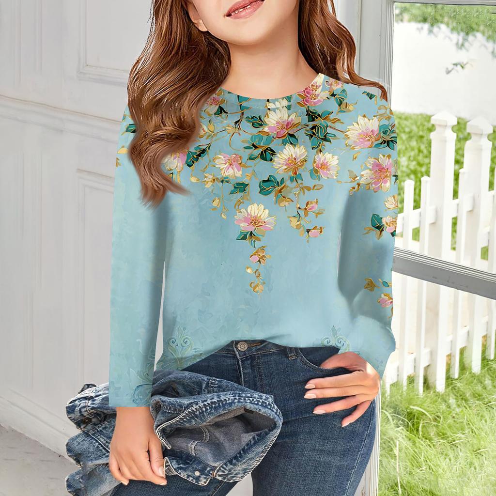 Girls Long Sleeve T Shirts Kids Fall Tops Crewneck Printed Basic Tees