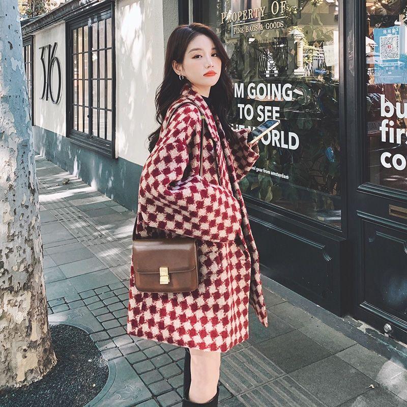 Утепленная шерстяная куртка в британском стиле в стиле ретро с красными вставками, женская осенне-зимняя свободная повседневная шерстяная куртка