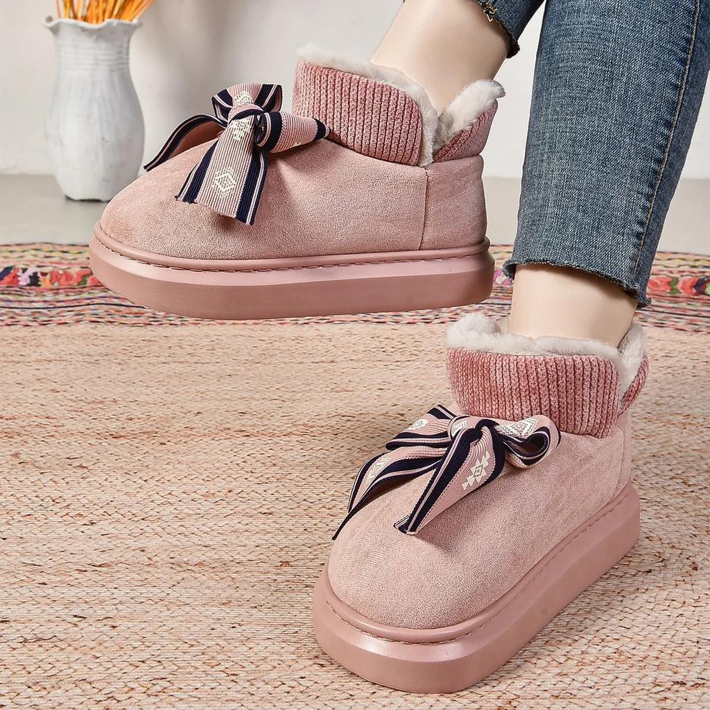Fashion Snow Boots Women 2024 Winter New Bow Wrap with Cotton Shoes Warm Plus Fleece Flat Woolen Cotton Shoes