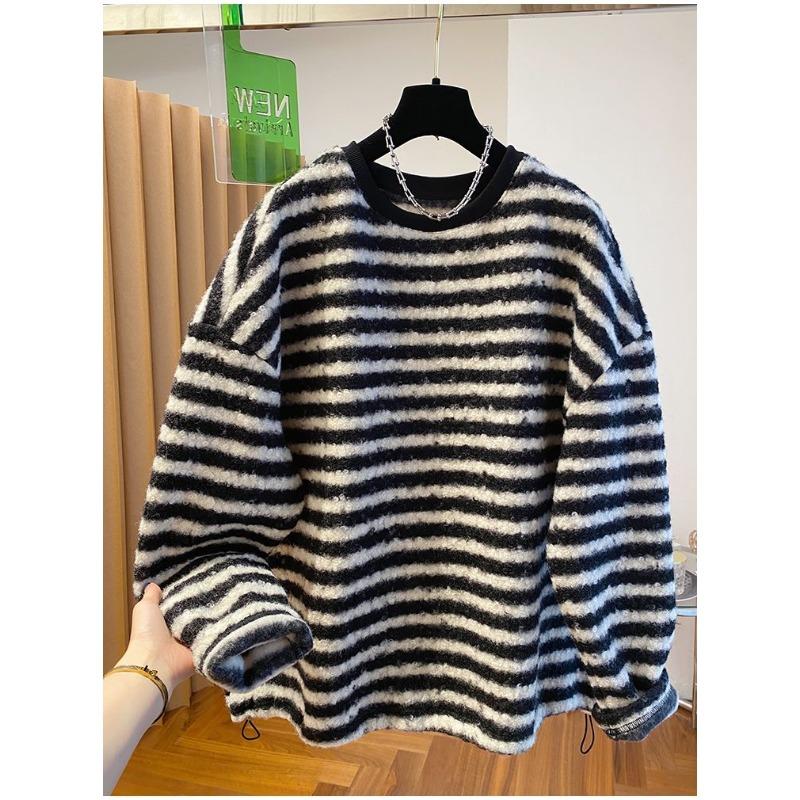 Striped T-shirt Bottoming Shirt for Women Winter Loose Thickened Long-sleeved Top