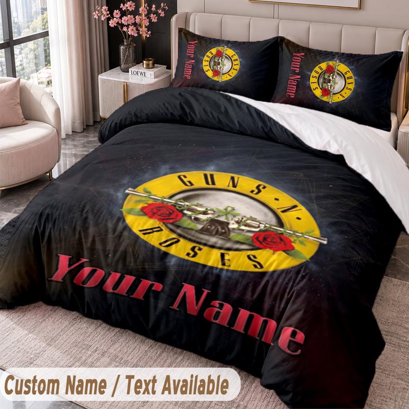 Guns N’ Roses Printed Bedding Set Custom Name Text 1 Duvet Cover 2 Pillowcases For Bedroom