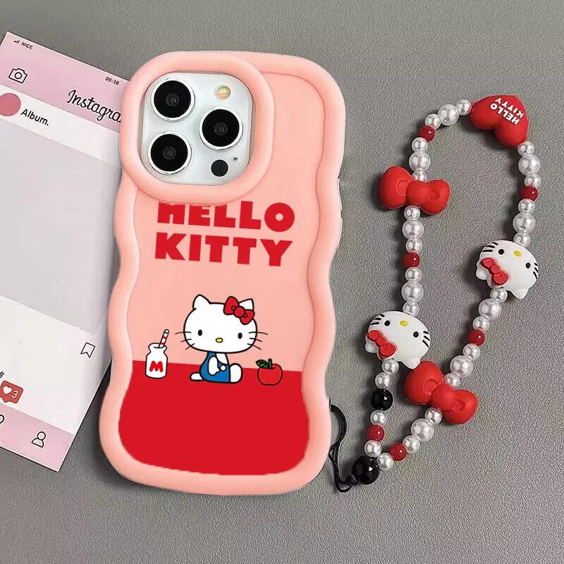 Чехол-цепочка Hello Kitty для iPhone 17 Pro Max 16 15 14 13 12 11 Pro Max 17 Air 16e 14 16 15 Plus 16+ Чехол для телефона Милый Волна ТПУ