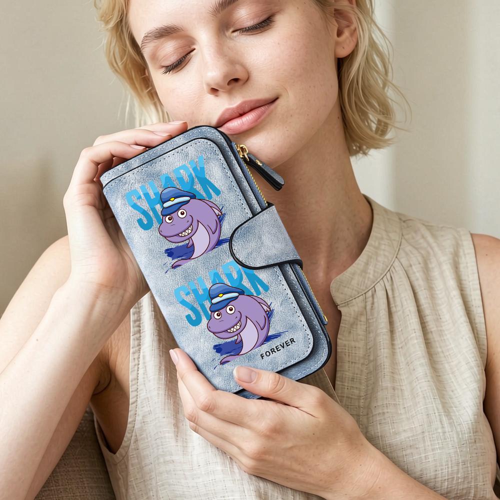 Cute Cartoon Shark Women Purse Large Capacity Long Wallet Fashion Casual Card Holder Portable Daily Use Clutch