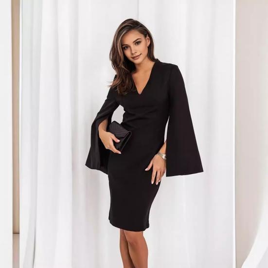 Fall Summer Women Dress Long Slit Horn Sleeves V Neck Slim Fit Solid Color Business Formal Party OL Commute Midi Dress