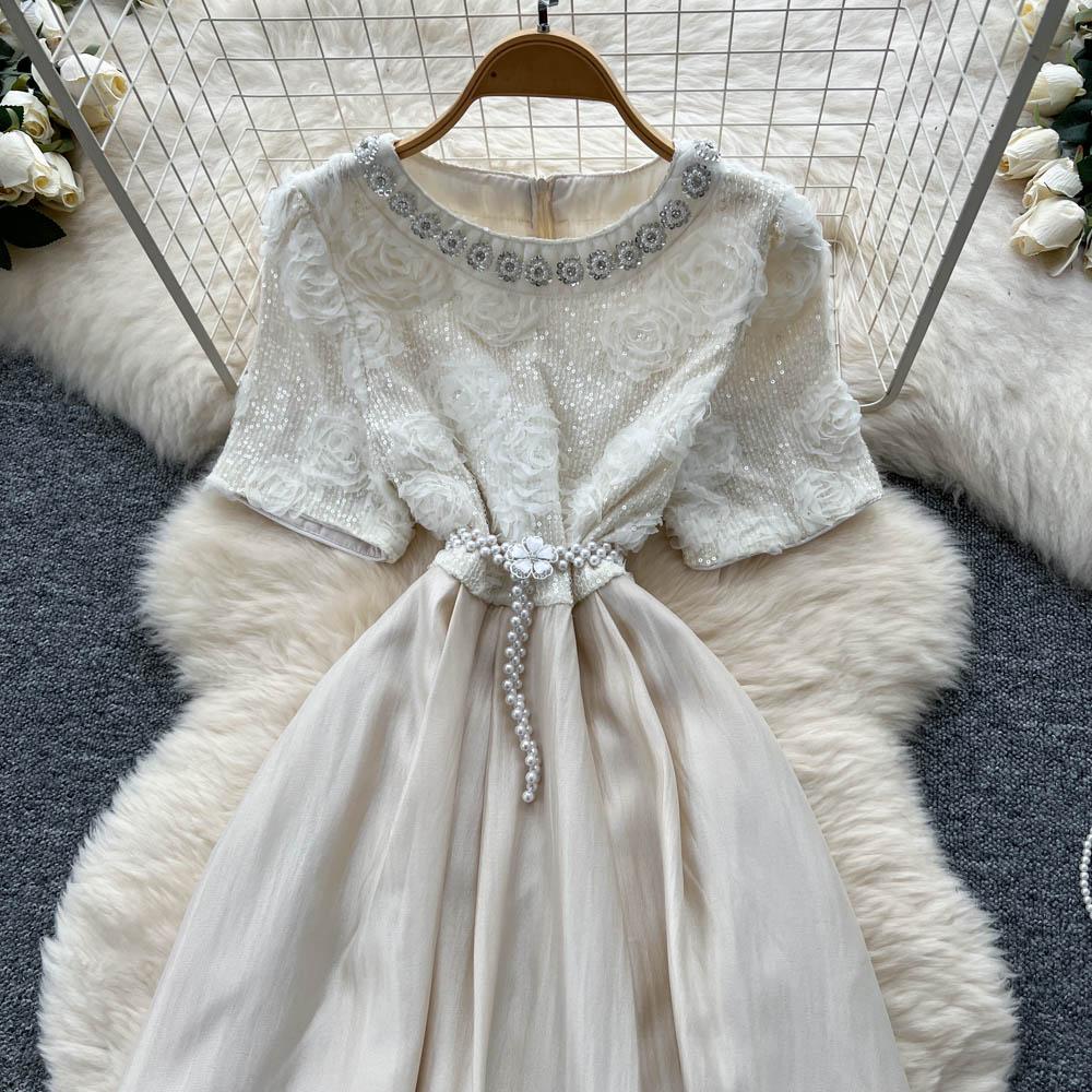 Летние женские милые маленького размера платья для вечеринки феи-принцессы с цветочной вышивкой бисером для девушки-студентки с жемчужным поясом