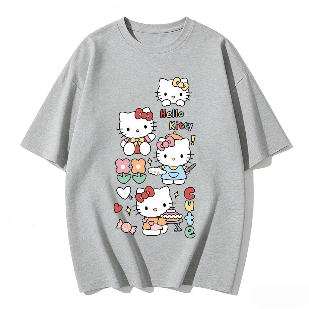 2026 новый летний милый графический топ HelloKitty повседневный хлопковый топ с коротким рукавом для женщин и девочек Каваи мультяшный принт Streetwear