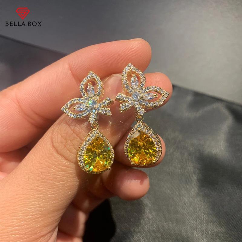 BELLA BOX Креативные желтые серьги-подвески CZ для женщин, роскошные женские украшения для вечеринок, темпераментные эстетичные серьги-подвески
