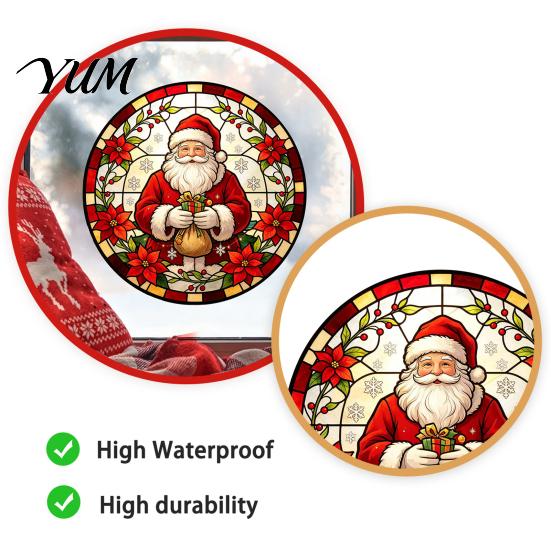 Christmas Party Glass Decorations Round Window Sticker, Stained Style, Removable Static Film Cling, Santa Claus Tree PVC Decal for Holiday Home Decor