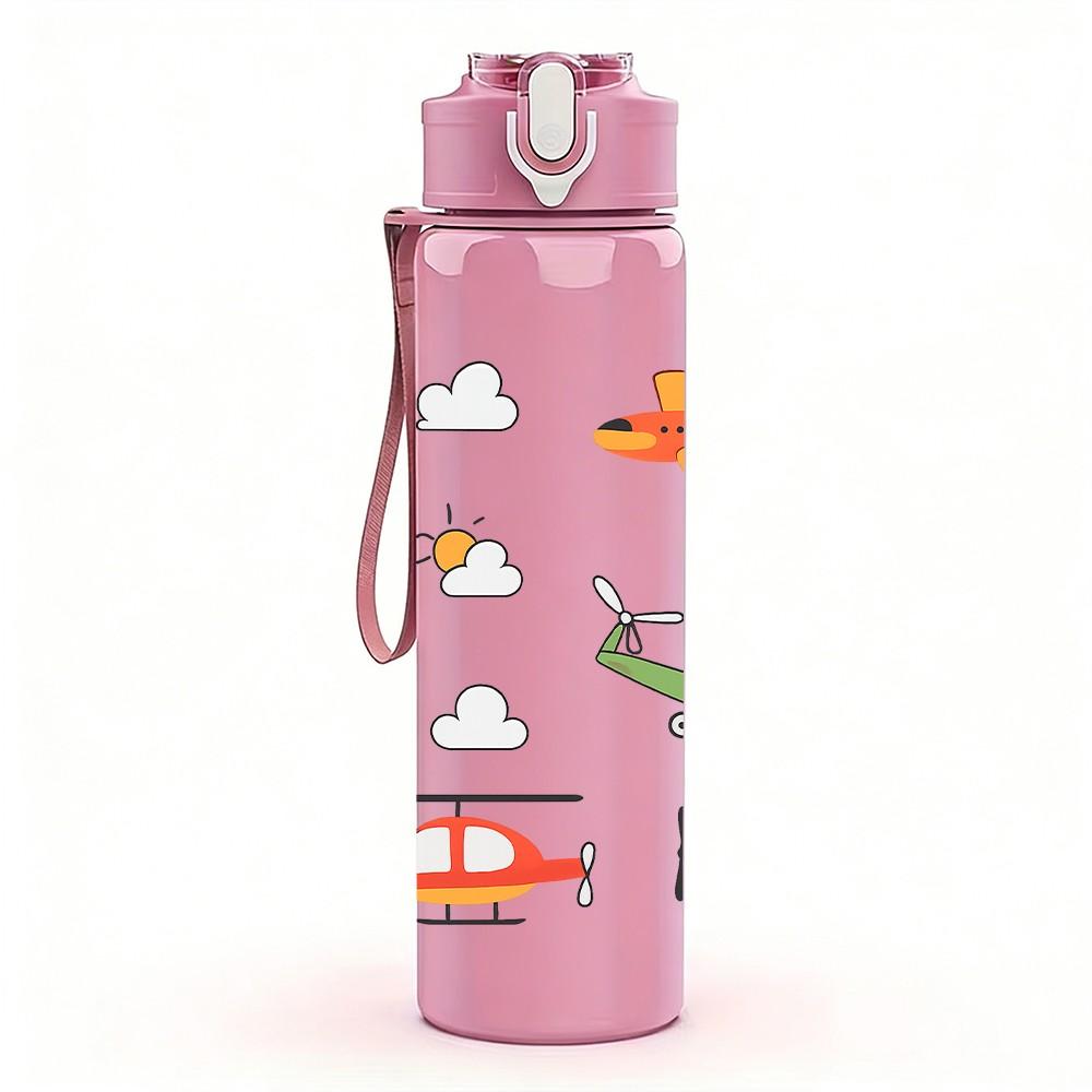 1PC Paper Plane Fly Doodle Pattern 750ml Color Plastic Sports Water Bottle Leakproof Flip Straw Lid Suitable for Sports Office Home Use