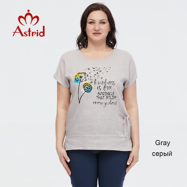 Летняя женская футболка Astrid, новинка 2023 года, хлопково-льняной топ, футболка большого размера с короткими рукавами, модный узор, женская одежда с буквенным принтом
