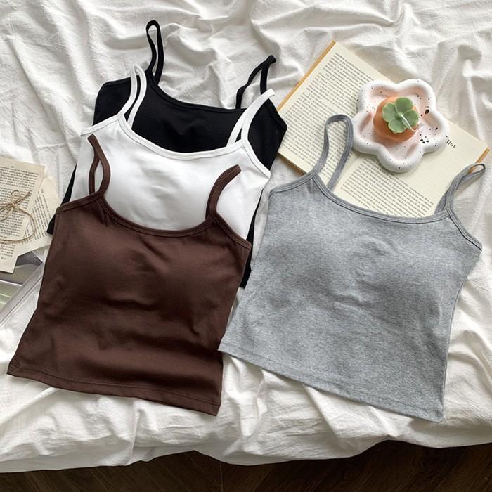 Cotton Cami Top Seamless Built-in Bra Tank Short Sleeveless Shirt Solid Color Versatile Layering Underwear