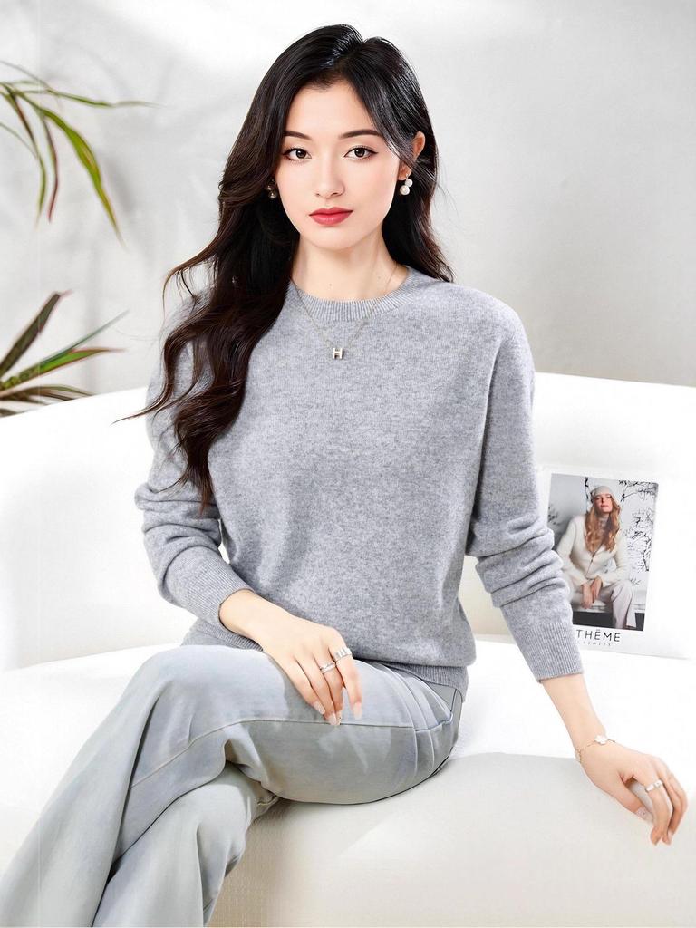 Женский свитер с длинным рукавом из мягкого кашемира с круглым вырезом - Модный, Универсальный и Удобный трикотаж.