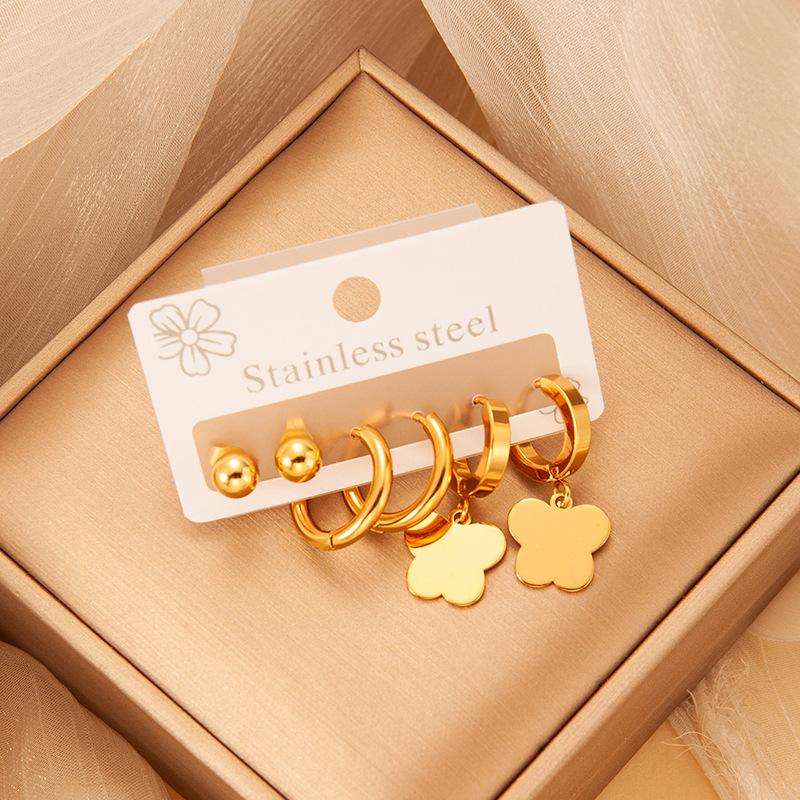 High Quality Silver Drop Earrings Set Three Pairs One Card. Unisex Flower Shape Party Wear Fading Resistant Bean Earrings