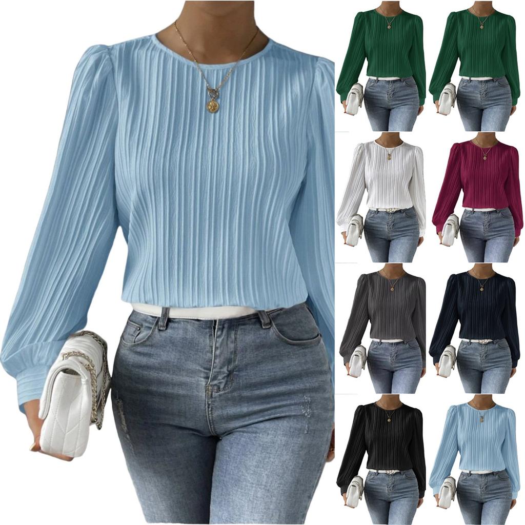 Women's Fashionable Round Neck Long Sleeved Solid Color Loose Shirt Top