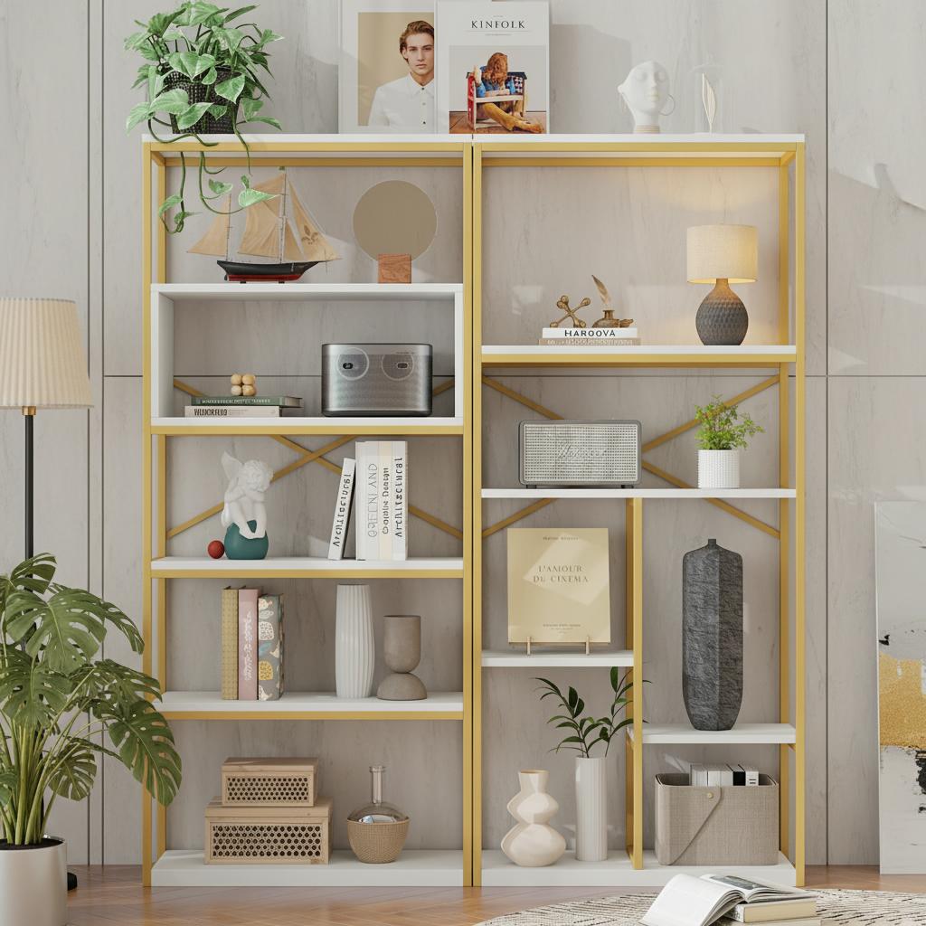 160 x 29.5 x 180 cm Shelf in Modern Minimalist Style, Steel Tube + MDF, Gold-White Color Scheme, Easy to Assemble and Clean, Gold + White