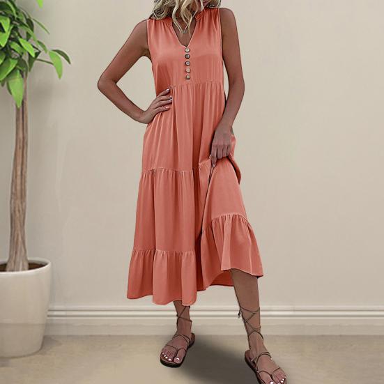 Летнее платье миди с V-образным вырезом, плиссированным лоскутным подолом, трапециевидной формы без рукавов, однотонный декор с пуговицами, свободное до середины икры, пляжное женское длинное платье для отпуска