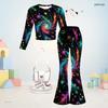 Girls Round Neck Long Sleeve Printed Crop Top Flared Pants Two Piece Set
