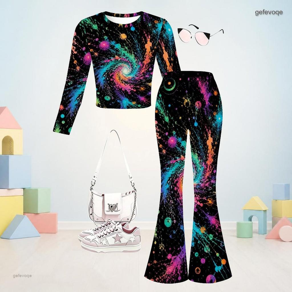 Girls Round Neck Long Sleeve Printed Crop Top Flared Pants Two Piece Set