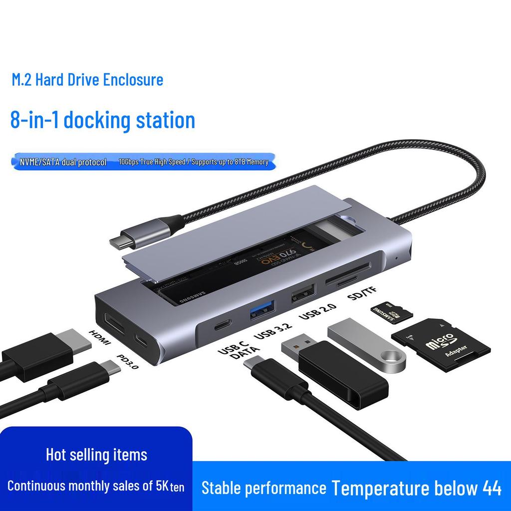 Двухпротокольный корпус для M.2 HDD: Док-станция Type-C на HDMI, многофункциональный USB 3.2 хаб расширения для ноутбука.