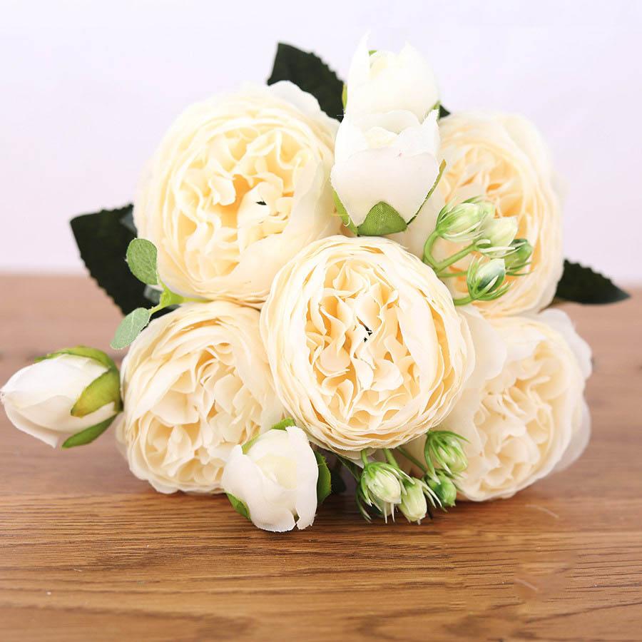 30cm Rose Pink Silk Bouquet Peony Artificial Flowers 5 Big Heads 4 Small Bud Bride Wedding Home Decoration Fake Flowers Faux KTY