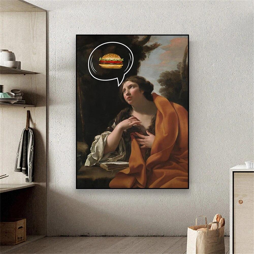 Altered Portrait Art Funny Poster Hamburger Woman Oil Painting Wall Art Prints Vintage Portrait Renaissance Canvas Painting